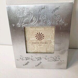 Vtg Free Standing Metal Photo Picture Frame MEOW Cat Kitty Mouse Engraved